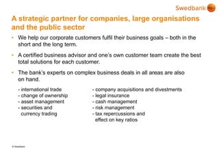 © Swedbank
A strategic partner for companies, large organisations
and the public sector
• We help our corporate customers fulfil their business goals – both in the
short and the long term.
• A certified business advisor and one’s own customer team create the best
total solutions for each customer.
• The bank’s experts on complex business deals in all areas are also
on hand.
- international trade - company acquisitions and divestments
- change of ownership - legal insurance
- asset management - cash management
- securities and - risk management
currency trading - tax repercussions and
effect on key ratios
 