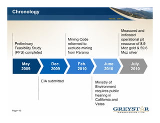 Chronology
                                                          TSX:GSL AIM:GSL




                                                                      Measured and
                                                                      indicated
                                 Mining Code
                                 Mi i C d                             operational pit
                                                                            ti   l it
 Preliminary                     reformed to                          resource of 8.9
 Feasibility Study               exclude mining                       Moz gold & 59.6
 (
 (PFS) completed
      )      p                   from Paramo                          Moz silver


          May         Dec.            Feb.             June                   July.
          2009        2009            2010             2010                   2010


                 EIA submitted                    Ministry of
                                                  Environment
                                                  requires public
                                                  hearing in
                                                  California and
                                                  Vetas
                                                                            YOUR LOGO
Page 10
 