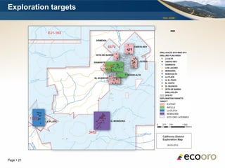 Exploration targets
                       TSX: EOM




            ECO ORO
            CALVISTA
            GALWAY
            VENTANA




                         EXTENT
                         INFILLS
                         LA PLATA
                         MÓNGORA
                         ECO ORO LICENSES




Page  21
 