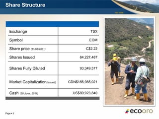 Share Structure
                                                     TSX: EOM




   Exchange                                   TSX

   Symbol                                    EOM

   Share price (11/08/2011)                 C$2.22

   Shares Issued                        84,227,487


   Shares Fully Diluted                 93,349,577


   Market Capitalization(issued)   CDN$186,985,021


   Cash (30 June, 2011)              US$80,923,840




Page  5
 
