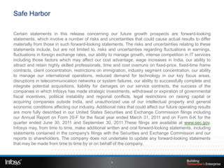 Safe Harbor

Certain statements in this release concerning our future growth prospects are forward-looking
statements, which involve a number of risks and uncertainties that could cause actual results to differ
materially from those in such forward-looking statements. The risks and uncertainties relating to these
statements include, but are not limited to, risks and uncertainties regarding fluctuations in earnings,
fluctuations in foreign exchange rates, our ability to manage growth, intense competition in IT services
including those factors which may affect our cost advantage, wage increases in India, our ability to
attract and retain highly skilled professionals, time and cost overruns on fixed-price, fixed-time frame
contracts, client concentration, restrictions on immigration, industry segment concentration, our ability
to manage our international operations, reduced demand for technology in our key focus areas,
disruptions in telecommunication networks or system failures, our ability to successfully complete and
integrate potential acquisitions, liability for damages on our service contracts, the success of the
companies in which Infosys has made strategic investments, withdrawal or expiration of governmental
fiscal incentives, political instability and regional conflicts, legal restrictions on raising capital or
acquiring companies outside India, and unauthorized use of our intellectual property and general
economic conditions affecting our industry. Additional risks that could affect our future operating results
are more fully described in our United States Securities and Exchange Commission filings including
our Annual Report on Form 20-F for the fiscal year ended March 31, 2011 and on Form 6-K for the
quarter ended June 30, 2011 and September 30, 2011.These filings are available at www.sec.gov.
Infosys may, from time to time, make additional written and oral forward-looking statements, including
statements contained in the company's filings with the Securities and Exchange Commission and our
reports to shareholders. The company does not undertake to update any forward-looking statements
that may be made from time to time by or on behalf of the company.



                                                     2
 