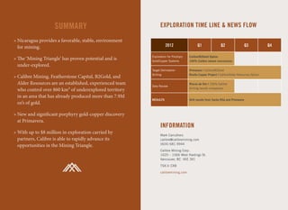SUMMARy                                    EXPLORATION TIME LINE & NEWS FLOW

» Nicaragua provides a favorable, stable, environment
  for mining.                                                      2012                   Q1                Q2                    Q3         Q4

                                                         Exploration for Porphyry   Calibre/b2Gold option
» The ‘Mining Triangle’ has proven potential and is      Gold/Copper Systems        100% Calibre owned concessions
  under-explored.
                                                         Target Delineation         Primavera / Calibre/B2Gold
                                                         Drilling                   rosita Copper Project / Calibre/Alder Resources Option
» Calibre Mining, Featherstone Capital, B2Gold, and
  Alder Resources are an established, experienced team   Data Review
                                                                                    riscos de oro / 100% Calibre

  who control over 860 km2 of underexplored territory                               Drilling results comparison

  in an area that has already produced more than 7.9M
                                                         rESultS                    Drill results from Santa rita and Primavera
  oz’s of gold.

» New and significant porphyry gold-copper discovery
  at Primavera.
                                                               INFORMATION
» With up to $8 million in exploration carried by              Mark Carruthers
  partners, Calibre is able to rapidly advance its             calibre@calibremining.com
  opportunities in the Mining Triangle.                        (604) 681.9944

                                                               Calibre Mining Corp.
                                                               1620 – 1066 West Hastings St.
                                                               Vancouver, BC V6E 3X1

                                                               TSX.V: CXB

                                                               calibremining.com
 