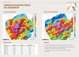14   PRIMAVERA PROJECT                                                                                                             CALIBREMINING.COM 15

                                                                                                                             Borosi Concessions


     PRIMAvERA GOLD/COPPER PROJECT
     SOIL GEOCHEMISTRy
                                                                                                                                          0km     10   20



     GOLD IN SOIL GEOCHEMISTRy                                       COPPER IN SOIL GEOCHEMISTRy




                          Pr11-001                                                        Pr11-001
                          Pr11-002                                                        Pr11-002
                                        Pr11-003                                                          Pr11-003




     TRENCH RESULTS                                                  HIGHLIGHTS
     trench iD           interval (m)    Gold (g/t)   Copper (ppm)   » Over 800 m by 300 m gold/copper soil geochemistry anomaly (open)
     Prtr11-005            51.25           1.53           680        » Trenches returned long intervals of continuous gold-copper mineralization
     Prtr11-010            107.00          0.78           980          including 179.4m grading 0.63g/t Au and 997 ppm Cu
     Prtr11-011            179.40          0.63           997
                                                                     » Very sparse rock outcrop in region with up to 10m of overburden
     Prtr11-012            58.00           0.70          1313          and saprolite
     Prtr11-013            49.50           0.25          1100

     Prtr11-014            51.70           0.42          1286
 