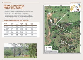 16   PRIMAVERA PROJECT                                                              CALIBREMINING.COM 17

                                                                              Borosi Concessions



     PRIMAvERA GOLD/COPPER
     PROJECT DRILL RESULTS
                                                                                           0km     10   20
     » 668 metres of diamond drilling complete in 3 drill holes (Dec. 2011)
     » 2,000m Phase II Drill Program initiated in January, 2012
     » Mineralization in the drill holes is comprised of quartz-magnetite-
       chalcopyrite-bornite veins and vein stockwork within broad zones of
       potassically-altered intermediate volcanic and intrusive rocks

     JANUARy 2012 PRIMAvERA DRILL HOLE INTERCEPTS

     Drill hole       From         to       length      Gold        Copper
                       (m)        (m)        (m)        (g/t)       (ppm)

     Pr-11-001        0.00       276.80     276.80      0.50         2,146

          includes    0.00       103.00     103.00      0.85         3,240

     Pr-11-002           1.5     263.20     261.70      0.78         2,966

          includes       1.5     209.00     207.50      0.89         3,378

          includes   74.50       209.00     134.50      1.01         3,561

     Pr -11-003       4.00       127.85     123.85      0.65         2,752

          includes   50.50       127.85      77.35      0.74         3,114
 
