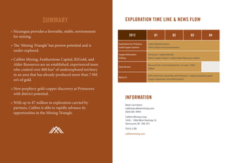 Summary
» 
Nicaragua provides a favorable, stable, environment
for mining.
» 
The ‘Mining Triangle’ has proven potential and is
under-explored.

» 
Calibre Mining, Featherstone Capital, B2Gold, and
Alder Resources are an established, experienced team
who control over 860 km2 of underexplored territory
in an area that has already produced more than 7.9M
oz’s of gold.
» 
New porphyry gold-copper discovery at Primavera
with district potential.

» 
With up to $7 million in exploration carried by
partners, Calibre is able to rapidly advance its
opportunities in the Mining Triangle.
EXPLORATION TIME LINE  NEWS Flow
INFORMATION
Mark Carruthers
calibre@calibremining.com
(604) 681.9944
Calibre Mining Corp.
1620 – 1066 West Hastings St.
Vancouver, BC V6E 3X1
TSX.V: CXB
calibremining.com
2012 Q1 Q2 Q3 Q4
Exploration for Porphyry
Gold/Copper Systems
Calibre/B2Gold Option
100% Calibre owned concessions
Target Delineation
Drilling
Primavera / Calibre/B2Gold
Rosita Copper Project / Calibre/Alder Resources Option
Data Review
Riscos de Oro / Cerro Aeropuerto / La Luna / 100%
Calibre
RESULTS
Drill results from Santa Rita and Primavera + regional porphyry gold/
copper exploration and drill programs
 