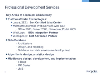 Professional Development Services Key Areas of Technical Competency Platforms/Portal Technologies: Java (J2EE):  Sun Certified Java Center Microsoft Enterprise Web Services with .NET Office 2003, Server 2003, Sharepoint Portal 2003 WebLogic:  BEA Integration Partner WebSphere:  IBM Advanced Partner Data/Database Architecture Design, and modeling Database and data warehouse development Algorithmic design, analytics design Middleware design, development, and implementation TIBCO MQ Series JMS 