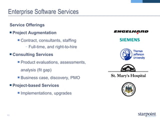 Enterprise Software Services Service Offerings Project Augmentation Contract, consultants, staffing Full-time, and right-to-hire Consulting Services Product evaluations, assessments,  analysis (fit gap) Business case, discovery, PMO Project-based Services Implementations, upgrades 