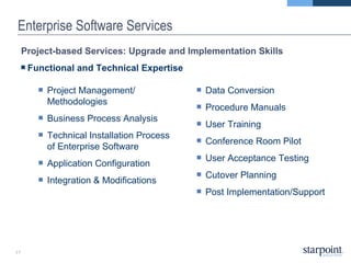 Enterprise Software Services Project-based Services: Upgrade and Implementation Skills Functional and Technical Expertise Data Conversion Procedure Manuals User Training Conference Room Pilot User Acceptance Testing Cutover Planning Post Implementation/Support Project Management/ Methodologies Business Process Analysis Technical Installation Process  of Enterprise Software  Application Configuration Integration & Modifications 