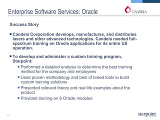Enterprise Software Services: Oracle Success Story Candela Corporation develops, manufactures, and distributes lasers and other advanced technologies. Candela needed full-spectrum training on Oracle applications for its entire US operation. To develop and administer a custom training program, Starpoint: Performed a detailed analysis to determine the best training method for the company and employees Used proven methodology and best of breed tools to build custom training solutions Presented relevant theory and real life examples about the product Provided training on 8 Oracle modules 