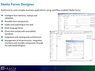 Skelta SharePoint Accelerator - Overview
  SharePoint accelerator is a full service BPM solution that seamlessly integrates MOSS 2007 and WSS
  Extends advanced BPM functionality to SharePoint
  Provides a powerful integrated platform for collaboration,
  Enhances business intelligence, enterprise content management, and strategic business solutions
  Provides full integration with new features in SharePoint 2007
 