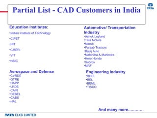 Partial List - CAD Customers in India Education Institutes : Indian Institute of Technology  CIPET NIT CMERI VIT NSIC Automotive/ Transportation Industry Ashok Leyland Tata Motors Maruti Punjab Tractors Bajaj Auto Mahindra & Mahindra Hero Honda Subros MRF Aerospace and Defense CVRDE GTRE HAPP LRDE CAIR DEBEL CABS HAL Engineering Industry BHEL BEL BEML TISCO And many more………… 