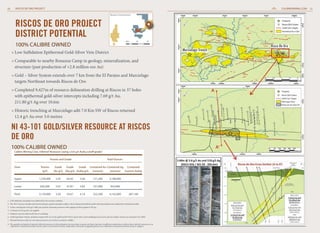 RISCOS DE ORO PROJECT

20

CALIBREMINING.COM 21
Borosi Concessions

RISCOS DE ORO PROJECT
DISTRICT POTENTIAL
0km

100% CALIBRE OWNED

20

40

Murcielago Trench

»  ow Sulfidation Epithermal Gold-Silver Vein District
L
»  omparable to nearby Bonanza Camp in geology, mineralization, and
C
structure (past production of +2.8 million ozs Au)
»  old – Silver System extends over 7 km from the El Paraiso and Murcielago
G
targets Northeast towards Riscos de Oro
»  ompleted 9,427m of resource delineation drilling at Riscos in 37 holes
C
with epithermal gold-silver intercepts including 7.69 g/t Au,
211.80 g/t Ag over 10.6m
»  istoric trenching at Murcielago adit 7.0 Km SW of Riscos returned
H
12.4 g/t Au over 3.0 metres

NI 43-101 GOLD/SILVER RESOURCE AT RISCOS
DE ORO
100% CALIBRE OWNED

Calibre Mining Corp. Inferred Resource (using a 0.6 g/t AuEq cutoff grade)
	

Tonnes and Grade	

Zone		
		
Upper	

Tonnes	
(g/t)	

Grade	 Grade	
Grade 	 Contained Au	 Contained Ag	 Contained	
(Au g/t)	 (Aq g/t)	 (AuEq g/t)	 (ounces)	
(ounces)	 (ounces AuEq)

1,539,000	2.45	 64.42	 3.46	

Lower	
Total		

Total Ounces

121,200	 3,188,000	

620,000	5.07	47.87	 5.82	 101,000	 954,000	
2,159,000	

3.20	

59.67	

4.14	

222,300	

4,142,000	

287,100	

1. CIM definition standards were followed for the resource estimate.
2. The 2012 resource models used Inverse Distance grade estimation within a three-dimensional block model with mineralized zones defined by wireframed solids.
3. A base cutoff grade of 0.6 g/t AuEq was used for reporting resources with capping of silver grades at 591 g/t.
4. A density of 2.65 g/cm3 was applied.
5. Numbers may not add exactly due to rounding.
6. Gold Equivalent (AuEq) calculated using $1264 /oz Au for gold and $19.78/oz Ag for silver and metallurgical recoveries and net smelter returns are assumed to be 100%.
7. Mineral Resources that are not mineral reserves do not have economic viability
8. The quantity and grade of reported inferred resources in this estimation are uncertain in nature and there has been insufficient exploration to define these inferred resources as an	
indicated or measured mineral resource and it is uncertain if further exploration will result in upgrading them to an indicated or measured mineral resource category.

Risco De Oro

 