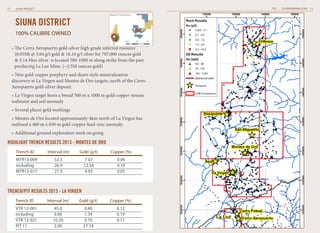 12

CALIBREMINING.COM 13

SIUNA PROJECT
Borosi Concessions

Siuna District
100% CALIBRE OWNED

0km

20

» The Cerro Aeropuerto gold-silver high grade inferred resource


(6.05Mt @ 3.64 g/t gold  16.16 g/t silver for 707,000 ounces gold
 3.14 Moz silver is located 500-1000 m along strike from the past
producing La Luz Mine. (~2.5M ounces gold)

» New gold-copper porphyry and skarn-style mineralization
discovery at La Virgen and Montes de Oro targets, north of the Cerro
Aeropuerto gold-silver deposit.
» La Virgen target hosts a broad 500 m x 1000 m gold-copper stream
sediment and soil anomaly
» Several placer gold workings
» Montes de Oro located approximately 4km north of La Virgen has
outlined a 400 m x 650 m gold-copper-lead-zinc anomaly.
» Additional ground exploration work on going

HIGHLIGHT TRENCH RESULTS 2013 - MONTES DE ORO
Trench ID	

Interval (m)	

Gold (g/t)	

Copper (%)

MTR13-009	52.3	 7.07	
0.06
including	26.9	 12.54	 0.10
MTR13-017	27.5	 4.93	
0.05

TRENCH/PIT RESULTS 2013 - La VIRGEN
Trench ID	

Interval (m)	

Gold (g/t)	

Copper (%)

VTR 12-001	
45.0	
0.40	
0.12
including	9.00	 1.39	 0.19
VTR 12-021	
10.20	
0.70	
0.11
PIT 11	
2.00	
27.18

40

 