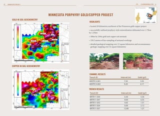 30

CALIBREMINING.COM 31

MINNESOTA PROJECT

Borosi Concessions

MINNESOTA PORPHYRY Gold/copper PROJECT
GOLD IN SOIL GEOCHEMISTRY

HIGHLIGHTS

0km

20

» located 20 kilometres northwest of the Primavera gold-copper project
» successfully outlined porphyry-style mineralization delineated over 1.75km
by 1.25km
»5
  00m by 250m gold and copper soil anomaly
»  39.5 metres of face sampling of artisanal workings
3
»  etailed geological mapping over 15 square kilometres and reconnaissance
d
geologic mapping over 52 square kilometres

COPPER IN SOIL GEOCHEMISTRY
Channel RESULTS
Trench ID		
MNTR13-001		
MNTR13-002		

Interval (m)	

Gold (g/t)

7.50	
9.20	

3.93
4.17

TRENCH RESULTS
Trench ID		

Interval (m)	

Gold (g/t)

BRTR11-044		 6.40	
BRTR11-047		 8.00	
BRTR11-053		 4.65	
BRTR11-054		 6.00	
BRTR11-057		 12.80	

5.56
6.35
1.51
2.12
1.27

40

 