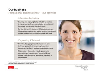 Our business
Professional business lines* – our activities

                       Information Technology
                    • Sourcing and deploying highly skilled IT specialists
                      in
                      i mainstream and niche t h l i t meet clients‘
                           i t        d i h technologies to         t li t ‘
                      temporary, permanent and project needs.
                    • Serving clients with structured HR solutions such as
                      infrastructure management, testing services, recruitment
                      process outsourcing and multi language help desk
                               outsourcing,      multi-language      desk.



                       Engineering & Technical
                    • Providing the appropriate skilled engineers and
                      technical specialists for temporary, longer-term
                      secondment, and work package-based assignments.
                    • Major sectors of expertise including electronics
                      automotive and transportation, energy, oil & gas,
                      utilities, medical products, aerospace, chemicals &
                      raw materials.

*As of January 1 2011 our business line structure has changed
                1, 2011,                                   changed.
The current slide still reflects the 2010 business structure.

                                                                                 Corporate Presentation
                                                                                           May 2011
                                                                                               Slide 15
 