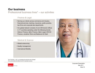 Our business
Professional business lines* – our activities

                       Finance & Legal
                    • Serving our clients across commerce and industry,
                      financial services, b ki
                      fi     i l    i     banking, i
                                                   insurance, public practice,
                                                                bli      ti
                      law firms and corporate law departments
                    • Our global network consists of over 200 branch offices
                      in 17 countries operating under the following brands:
                      Adecco Finance Ajilon Finance Ajilon Legal DIS AG
                              Finance,        Finance,        Legal,
                      Finance, Jonathan Wren and Badenoch & Clark



                       Medical & Science
                    • Global outsourcing
                    • Quality management
                    • International Mobility




*As of January 1 2011 our business line structure has changed
                1, 2011,                                   changed.
The current slide still reflects the 2010 business structure.

                                                                                 Corporate Presentation
                                                                                           May 2011
                                                                                               Slide 16
 