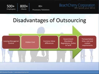 Disadvantages of Outsourcing

                                                       Government         Transportation
Loosing Managerial                 Currency Value       Mandated          time, cost and
                     Hidden Cost
      Control                        differences    Regulations, Duties       custom
                                                         & Tariff          requirements
 