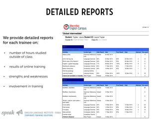Detailed reports
We provide detailed reports
for each trainee on:
• number of hours studied
outside of class
• results of online training
• strengths and weaknesses
• involvement in training
corporate training solutions
 