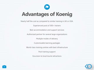 35
Advantages of Koenig
Nearly half the cost as compared to similar training in UK or USA.
Experienced pool of 300+ trainers
Best accommodation and support services
Authorized partner for several large organizations
Multiple modes of delivery
Customizable learning packages
World class training centres with best infrastructure
Post training support
Excursion to local tourist attractions
 