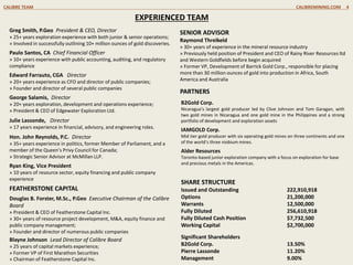 EXPERIENCED TEAM
PARTNERS
Greg Smith, P.Geo President & CEO, Director
» 25+ years exploration experience with both junior & senior operations;
» Involved in successfully outlining 10+ million ounces of gold discoveries.
Paulo Santos, CA Chief Financial Officer
» 10+ years experience with public accounting, auditing, and regulatory
compliance
Edward Farrauto, CGA Director
» 20+ years experience as CFO and director of public companies;
» Founder and director of several public companies
George Salamis, Director
» 20+ years exploration, development and operations experience;
» President & CEO of Edgewater Exploration Ltd.
Julie Lassonde, Director
» 17 years experience in financial, advisory, and engineering roles.
Hon. John Reynolds, P.C. Director
» 35+ years experience in politics, former Member of Parliament, and a
member of the Queen’s Privy Council for Canada;
» Strategic Senior Advisor at McMillan LLP.
Ryan King, Vice President
» 10 years of resource sector, equity financing and public company
experience
B2Gold Corp.
Nicaragua’s largest gold producer led by Clive Johnson and Tom Garagan, with
two gold mines in Nicaragua and one gold mine in the Philippines and a strong
portfolio of development and exploration assets
IAMGOLD Corp.
Mid tier gold producer with six operating gold mines on three continents and one
of the world’s three niobium mines.
Alder Resources
Toronto-based junior exploration company with a focus on exploration for base
and precious metals in the Americas.
SHARE STRUCTURE
Issued and Outstanding 222,910,918
Options 21,200,000
Warrants 12,500,000
Fully Diluted 256,610,918
Fully Diluted Cash Position $7,732,500
Working Capital $2,700,000
Significant Shareholders
B2Gold Corp. 13.50%
Pierre Lassonde 11.20%
Management 9.00%
CALIBRE TEAM CALIBREMINING.COM 4
FEATHERSTONE CAPITAL
Douglas B. Forster, M.Sc., P.Geo Executive Chairman of the Calibre
Board
» President & CEO of Featherstone Capital Inc.
» 30+ years of resource project development, M&A, equity finance and
public company management;
» Founder and director of numerous public companies
Blayne Johnson Lead Director of Calibre Board
» 25 years of capital markets experience;
» Former VP of First Marathon Securities
» Chairman of Featherstone Capital Inc.
SENIOR ADVISOR
Raymond Threlkeld
» 30+ years of experience in the mineral resource industry
» Previously held position of President and CEO of Rainy River Resources ltd
and Western Goldfields before begin acquired
» Former VP, Development of Barrick Gold Corp., responsible for placing
more than 30 million ounces of gold into production in Africa, South
America and Australia
 