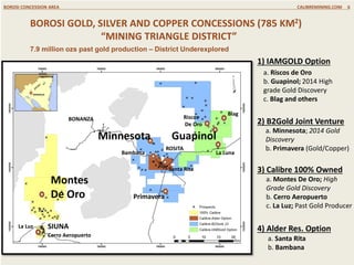 111111xplo
1) IAMGOLD Option
2) Calibre 100% Owned
3) B2Gold Joint Venture
4) Alder Res. Option
BOROSI GOLD, SILVER AND COPPER CONCESSIONS (785 KM2)
“MINING TRIANGLE DISTRICT”
7.9 million ozs past gold production – District Underexplored
BOROSI CONCESSION AREA CALIBREMINING.COM 6
Blag
Riscos
De Oro
Primavera
La Luz
Cerro Aeropuerto
Montes
De Oro
Bambana La Luna
Minnesota
Santa Rita
Guapinol
SIUNA
BONANZA
ROSITA
MANAGUA
BOROSI
CONCESSIONS
a. Riscos de Oro
b. Guapinol; 2014 High
grade Gold Discovery
c. Blag and others
a. Minnesota; 2014 Gold
Discovery
b. Primavera (Gold/Copper)
a. Montes De Oro; High
Grade Gold Discovery
b. Cerro Aeropuerto
c. La Luz; Past Gold Producer
a. Santa Rita
b. Bambana
 