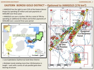 EASTERN BOROSI GOLD DISTRICT – Optioned to IAMGOLD (176 km2)
EASTERN BOROSI GOLD PROJECT CALIBREMINING.COM 7
» IAMGOLD has the right to earn 51% of the Eastern Borosi
Project by spending $5 million and cash payments of
$450,000 over three years
» IAMGOLD can earn a further 19% for a total of 70% by
spending an additional $5 million and further payments of
$450,000 over a second three year period
» Low Sulphidation Epithermal Gold-Silver District
» Multiple trends totaling more than 18 kilometres in
length – each with a series of sub-parallel gold-silver
bearing structures
 