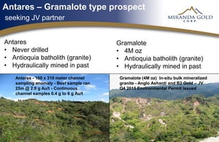 Antares - 160 x 310 meter channel
sampling anomaly - Best sample ran
25m @ 2.8 g Au/t - Continuous
channel samples 0.4 g to 6 g Au/t
Gramalote (4M oz) In-situ bulk mineralized
granite - Anglo Ashanti and B2 Gold – JV
Q4 2015 Environmental Permit issued
Antares – Gramalote type prospect
seeking JV partner
Antares
• Never drilled
• Antioquia batholith (granite)
• Hydraulically mined in past
Gramalote
• 4M oz
• Antioquia batholith (granite)
• Hydraulically mined in past
 