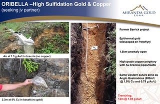 ORIBELLA –High Sulfidation Gold & Copper
(seeking jv partner)
4m at 1.5 g Au/t in breccia (no copper)
2.3m at 5% Cu in basalt (no gold)
Former Barrick project
Epithermal gold
telescoped on Porphyry
1.5km anomaly-open
High grade copper porphyry
with Au breccia pipes/faults
Same western suture zone as
Anglo Quebradona (800m/t
@ 1.9% Cu and 0.78 g Au/t.)
Trenching:
12m @ 1.05 g Au/t
 