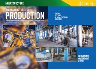 InFRASTRUCTURE
InFRASTRUCTURE for
PRODUCTIONThe unit, equipped with state of art manufacturing facilities is strategically situated
to the market requirements.
trend
setters
in agro chemical
industry
providing
AN EXEMPLARY
service
 