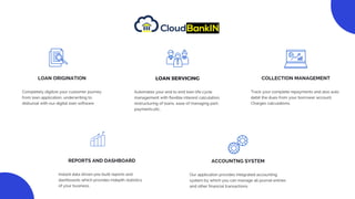 Completely digitize your customer journey
from loan application, underwriting to
disbursal with our digital loan software
LOAN ORIGINATION
Automates your end to end loan life cycle
management with flexible interest calculation,
restructuring of loans, ease of managing part-
payments,etc..
LOAN SERVICING
Track your complete repayments and also auto
debit the dues from your borrower account.
Charges calculations.
COLLECTION MANAGEMENT
Instant data driven pre-built reports and
dashboards which provides indepth statistics
of your business.
REPORTS AND DASHBOARD
Our application provides integrated accounting
system by which you can manage all journal entries
and other financial transactions
ACCOUNTNG SYSTEM
 