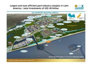Largest and most efficient port-industry complex in Latin
     America : total investments of US$ 40 billion




                                                                                       TX1


                                               TX2




                                                     90 km² Industrial Complex (1.5 x the size of Manhattan Island)

Industrial Complex concept under development
 