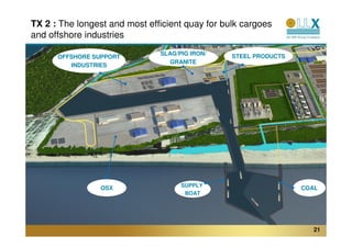 TX 2 : The longest and most efficient quay for bulk cargoes
and offshore industries
                               SLAG/PIG IRON/         STEEL PRODUCTS
      OFFSHORE SUPPORT
                                  GRANITE
         INDUSTRIES



                   OIL




 IRON ORE
                                     SUPPLY
                 OSX                                                   COAL
                                      BOAT
                                                OIL



                                                                          21
 