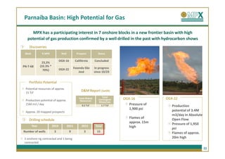 Parnaíba Basin: High Potential for Gas

     MPX has a participating interest in 7 onshore blocks in a new frontier basin with high
   potential of gas production confirmed by a well drilled in the past with hydrocarbon shows
    Discoveries
 Block           % MPX             Well           Prospect            Status

                                  OGX-16         Califórnia        Concluded
                 23,3%
PN-T-68         (33.3% *
                                  OGX-22       Fazenda São         In progress
                  70%)
                                                   José            since 10/23


    Portfolio Potential
 Potential resources of approx.
 15 Tcf
                                                      D&M Report (Set09)
                                                                         Total
 Production potential of approx.
                                                    Total Risked      Contingent   OGX-16           OGX-22
                                                     Resources        Resources
 15M m3 / day                                         0.2 Tcf           1.7 Tcf       Pressure of      Production
                                                                                      1,900 psi        potential of 3.4M
 Approx. 20 mapped prospects
                                                                                                       m3/day in Absolute
                                                                                      Flames of        Open Flow
    Drilling schedule
                                                                                      approx. 15m      Pressure of 1,950
         Year              2010           2011        2012          Total             high             psi
Number of wells             3              9            3            15                                Flames of approx.
 1 onshore rig contracted and 1 being                                                                  20m high
 contracted
                                                                                                                            22
 