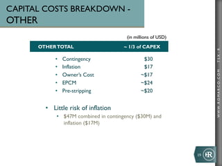 CAPITAL COSTS BREAKDOWN -
OTHER
                                          (in millions of USD)
        OTHER TOTAL                     ~ 1/3 of CAPEX




                                                                          TSX : R
              •    Contingency                    $30
              •    Inflation                      $17




                                                                          WWW .R O MA R C O .C O M
              •    Owner’s Cost                  ~$17
              •    EPCM                          ~$24
              •    Pre-stripping                 ~$20


          •  Little risk of inflation
              •  $47M combined in contingency ($30M) and
                 inflation ($17M)




                                                                 19	
  
 