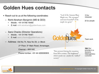 Golden Hues contacts Reach out to us at the following coordinates: Rohit Abraham Benjamin (MD & CEO)  Mobile : +91 91766 76480 E mail:  [email_address] Sano Chacko (Director Operations)  Mobile : +91 91766 76481 E mail :  [email_address] Address:   Old No.74, New No.58, U- Block   2 nd  Floor, 5 th  Main Road, Annanagar, Chennai – 600 040 Phone number: +91 44 42693608/9 “ Leaf of the Autumn Blaze Maple tree. The strongest 1  and most beautiful 2  of the maple tree genre” “ Best pictured during the transition from fall to winter. The brightness 3   which stands out  amidst the  leafless 4  scenery” 1  Our character 2  Our people Team work 3&4  Our promise in a dynamic heterogeneous environ 