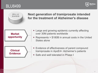 BLU8499
              Next generation of tramiprosate intended
              for the treatment of Alzheimer's disease


                   Large and growing epidemic currently affecting
  Market           over 30M patients worldwide
opportunity        Represents > $180B in annual costs in the United
                   States alone


                   Evidence of effectiveness of parent compound
  Clinical         tramiprosate in ApoE4+ Alzheimer’s patients
 Evidence
                   Safe and well tolerated in Phase I




                                                                      17
 