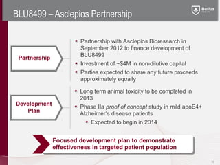 BLU8499 – Asclepios Partnership

                        Partnership with Asclepios Bioresearch in
                        September 2012 to finance development of
                        BLU8499
 Partnership
                        Investment of ~$4M in non-dilutive capital
                        Parties expected to share any future proceeds
                        approximately equally

                        Long term animal toxicity to be completed in
                        2013
Development
                        Phase IIa proof of concept study in mild apoE4+
   Plan
                        Alzheimer’s disease patients
                            Expected to begin in 2014


               Focused development plan to demonstrate
               effectiveness in targeted patient population

                                                                          18
 