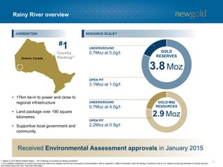 11
Rainy River overview
1. Based on 2014 Behre Dolbear Report – “2014 Ranking of Countries for Mining Investment”.
2. For a detailed breakdown of mineral resources and reserves by category and the key assumptions and parameters, refer to Appendix 6. Refer to Endnotes under the heading “Cautionary note to U.S. readers concerning estimates of mineral reserves
and mineral resources” and “Technical Information”.
• 17km tie-in to power and close to
regional infrastructure
• Land package over 190 square
kilometres
• Supportive local government and
community
JURISDICTION RESOURCE SCALE(2)
Ontario, Canada
GOLD
RESERVES
3.1Moz at 1.0g/t
OPEN PIT
UNDERGROUND
0.7Moz at 5.0g/t
3.8Moz
#1
GOLD M&I
RESOURCES
2.2Moz at 0.9g/t
OPEN PIT
UNDERGROUND
0.7Moz at 4.0g/t
2.9 Moz
Received Environmental Assessment approvals in January 2015
 
