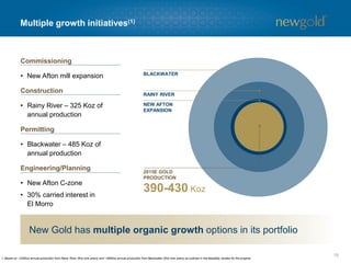 Multiple growth initiatives(1)
18
1. Based on ~325Koz annual production from Rainy River (first nine years) and ~485Koz annual production from Blackwater (first nine years) as outlined in the feasibility studies for the projects.
Commissioning
• New Afton mill expansion
Construction
• Rainy River – 325 Koz of
annual production
Permitting
• Blackwater – 485 Koz of
annual production
Engineering/Planning
• New Afton C-zone
• 30% carried interest in
El Morro
New Gold has multiple organic growth options in its portfolio
2015E GOLD
PRODUCTION
BLACKWATER
RAINY RIVER
NEW AFTON
EXPANSION
390-430 Koz
 