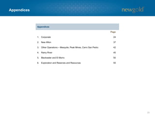 Appendices
23
Appendices
Page
1. Corporate 24
2. New Afton 37
3. Other Operations – Mesquite, Peak Mines, Cerro San Pedro 42
4. Rainy River 45
5. Blackwater and El Morro 50
6. Exploration and Reserves and Resources 55
 