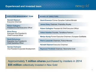 5
Experienced and invested team
BOARD OF DIRECTORS
David Emerson Former Canadian Cabinet Minister
James Estey Chairman, PrairieSky Royalty
Robert Gallagher President & Chief Executive Officer
Vahan Kololian Founder, TerraNova Partners
Martyn Konig Former Executive Chairman, European Goldfields
Pierre Lassonde Chairman, Franco-Nevada
Randall Oliphant Executive Chairman
Raymond Threlkeld Chairman, Newmarket Gold
EXECUTIVE MANAGEMENT TEAM
Randall Oliphant
Executive Chairman
Robert Gallagher
President & Chief Executive Officer
Brian Penny
Executive Vice President &
Chief Financial Officer
David Schummer
Executive Vice President &
Chief Operating Officer
Hannes Portmann
Vice President Corporate Development
Approximately 1 million shares purchased by insiders in 2014
$55 million collectively invested in New Gold
 
