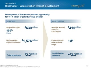 Blackwater – Value creation through development
501. Based on $1.25 CDN/USD foreign exchange rate.
2. Based on first five years at $1,300 per ounce gold, $16 per ounce silver and $1.25 CDN/USD foreign exchange rate.
UPSIDE
$
630millionAcquisition cost
100%
Shares
$
1,576millionDevelopment
capital estimate(1)
$
2.2billion
Total investment
Average annual
after-tax
cash flow(2)
Potential cash
flow multiple
range
Implied value
potential
$
415million
~8x
Development of Blackwater presents opportunity
for ~$1.1 billion of potential value creation
~$
3.3billion
INVESTMENT VALUE POTENTIAL
Appendix 5
 