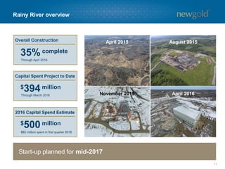 Rainy River overview
11
Start-up planned for mid-2017
Overall Construction
35% complete
Through April 2016
Capital Spent Project to Date
$394 million
Through March 2016
2016 Capital Spend Estimate
$500 million
$82 million spent in first quarter 2016
August 2015April 2015
April 2016November 2015
 
