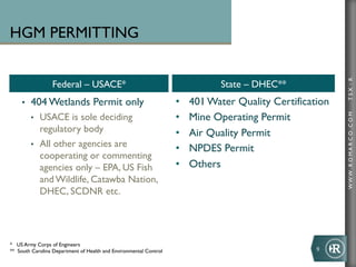 HGM PERMITTING




                                                                                                               TSX : R
                  Federal – USACE*                                                State – DHEC**
     •    404 Wetlands Permit only                                    •    401 Water Quality Certification
             USACE is sole deciding                                   •    Mine Operating Permit




                                                                                                               WWW .R O MA R C O .C O M
          • 
             regulatory body                                          •    Air Quality Permit
          •  All other agencies are
                                                                      •    NPDES Permit
             cooperating or commenting
             agencies only – EPA, US Fish                             •    Others
             and Wildlife, Catawba Nation,
             DHEC, SCDNR etc.




* US Army Corps of Engineers
** South Carolina Department of Health and Environmental Control	

                                    9	
  
	

 