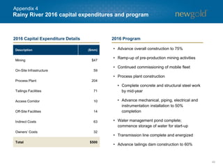 Rainy River 2016 capital expenditures and program
49
• Advance overall construction to 75%
• Ramp-up of pre-production mining activities
• Continued commissioning of mobile fleet
• Process plant construction
• Complete concrete and structural steel work
by mid-year
• Advance mechanical, piping, electrical and
instrumentation installation to 50%
completion
• Water management pond complete;
commence storage of water for start-up
• Transmission line complete and energized
• Advance tailings dam construction to 60%
Description ($mm)
Mining $47
On-Site Infrastructure 59
Process Plant 204
Tailings Facilities 71
Access Corridor 10
Off-Site Facilities 14
Indirect Costs 63
Owners’ Costs 32
Total $500
2016 Capital Expenditure Details 2016 Program
Appendix 4
 