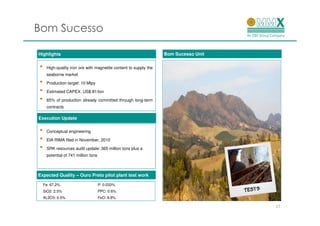Bom Sucesso

Highlights                                                        Bom Sucesso Unit

•    High-quality iron ore with magnetite content to supply the
     seaborne market

•    Production target: 10 Mtpy

•    Estimated CAPEX: US$ 81/ton

•    65% of production already committed through long-term
     contracts

Execution Update

•    Conceptual engineering

•    EIA RIMA filed in November, 2010

•    SRK resources audit update: 365 million tons plus a
     potential of 741 million tons



Expected Quality – Ouro Preto pilot plant test work

    Fe: 67.2%                        P: 0.033%
    SiO2: 2.5%                       PPC: 0.6%
    AL2O3: 0.5%                      FeO: 8.8%

                                                                                     17
 
