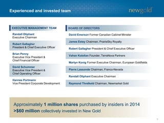 5
Experienced and invested team
BOARD OF DIRECTORS
David Emerson Former Canadian Cabinet Minister
James Estey Chairman, PrairieSky Royalty
Robert Gallagher President & Chief Executive Officer
Vahan Kololian Founder, TerraNova Partners
Martyn Konig Former Executive Chairman, European Goldfields
Pierre Lassonde Chairman, Franco-Nevada
Randall Oliphant Executive Chairman
Raymond Threlkeld Chairman, Newmarket Gold
EXECUTIVE MANAGEMENT TEAM
Randall Oliphant
Executive Chairman
Robert Gallagher
President & Chief Executive Officer
Brian Penny
Executive Vice President &
Chief Financial Officer
David Schummer
Executive Vice President &
Chief Operating Officer
Hannes Portmann
Vice President Corporate Development
Approximately 1 million shares purchased by insiders in 2014
>$60 million collectively invested in New Gold
 