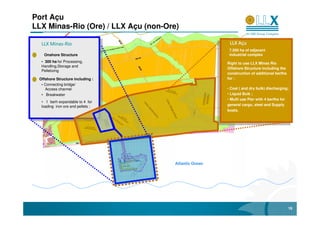 Port Açu
LLX Minas-Rio (Ore) / LLX Açu (non-Ore)

  LLX Minas-Rio
      Minas-                                               LLX Açu
                                                               Aç
                                                           7,500 ha of adjacent
    Onshore Structure                                      industrial complex
  • 300 ha for Processing,                                Right to use LLX Minas Rio
  Handling,Storage and
                                                          Offshore Structure including the
  Pelletizing
                                                          construction of additional berths
 Offshore Structure /including :
    • Connecting bridge Access channel                    for :
  • Connecting bridge/
     Access channel                                       • Coal ( and dry bulk) discharging;
  • Breakwater                                            • Liquid Bulk ;
                                                          • Multi use Pier with 4 berths for
  • 1 berh expandable to 4 for
  loading iron ore and pellets ;                          general cargo, steel and Supply
                                                          boats.




                                         Atlantic Ocean




                                                                                              16
 