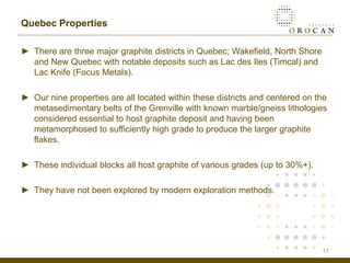 Quebec Properties

► There are three major graphite districts in Quebec; Wakefield, North Shore
  and New Quebec with notable deposits such as Lac des Iles (Timcal) and
  Lac Knife (Focus Metals).

► Our nine properties are all located within these districts and centered on the
  metasedimentary belts of the Grenville with known marble/gneiss lithologies
  considered essential to host graphite deposit and having been
  metamorphosed to sufficiently high grade to produce the larger graphite
  flakes.

► These individual blocks all host graphite of various grades (up to 30%+).

► They have not been explored by modern exploration methods.




                                                                               17
 