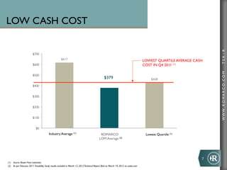 LOW CASH COST




                                                                                                                                                                          TSX : R
                         $700!
                                                      $617!                                                                            LOWEST QUARTILE AVERAGE CASH
                         $600!                                                                                                         COST IN Q4 2011 (1)




                                                                                                                                                                          WWW .R O MA R C O .C O M
                         $500!
                                                                                                  $379!                                    $428!

                         $400!


                         $300!


                         $200!


                         $100!


                            $0!
                                         Industry Average (1)                                 ROMARCO                                   Lowest Quartile (1)
                                                                                             LOM Average (2)




                                                                                                                                                                  7	
  
(1)  Source: Brook Hunt estimates
(2)  As per February 2011 Feasibility Study results included in March 13, 2012 Technical Report filed on March 19, 2012 on sedar.com
 